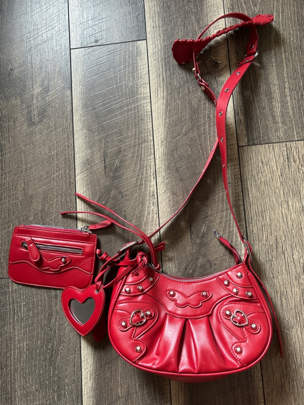 Red Women's Shoulder Bag with Heart Charm Accent